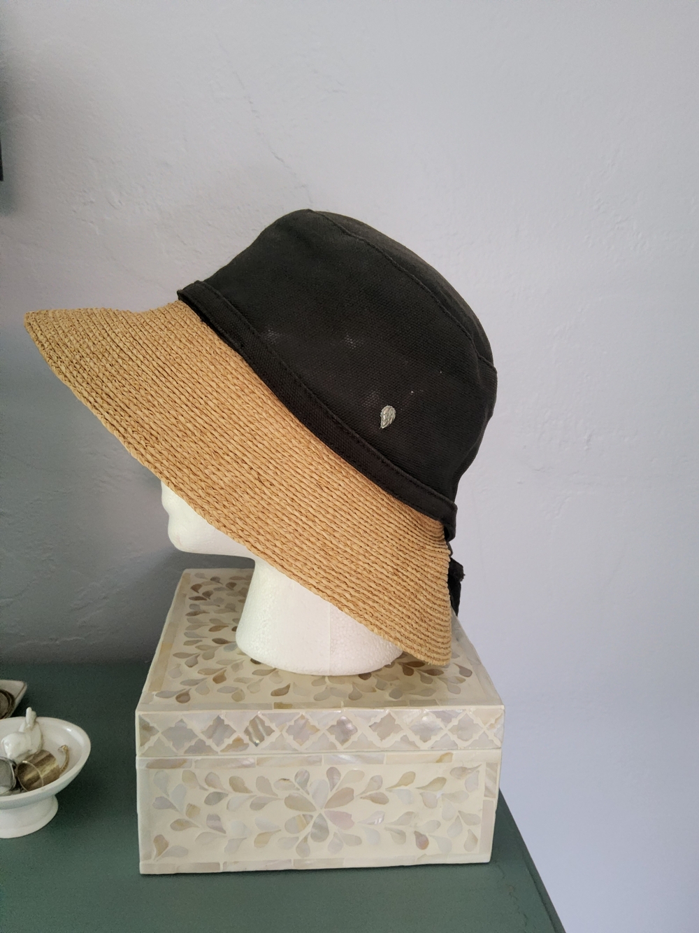 Helen Kaminski Black Canvas with Natural Straw Brim Sun Hat